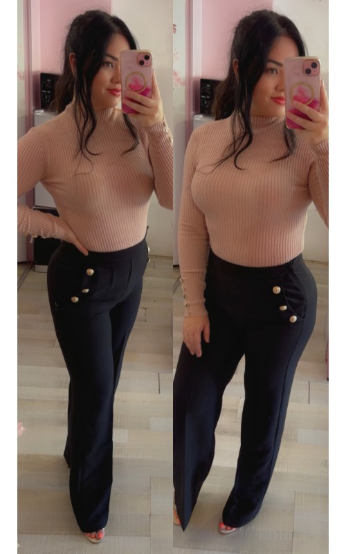 Pantalon taille haute large avec boutons dorés