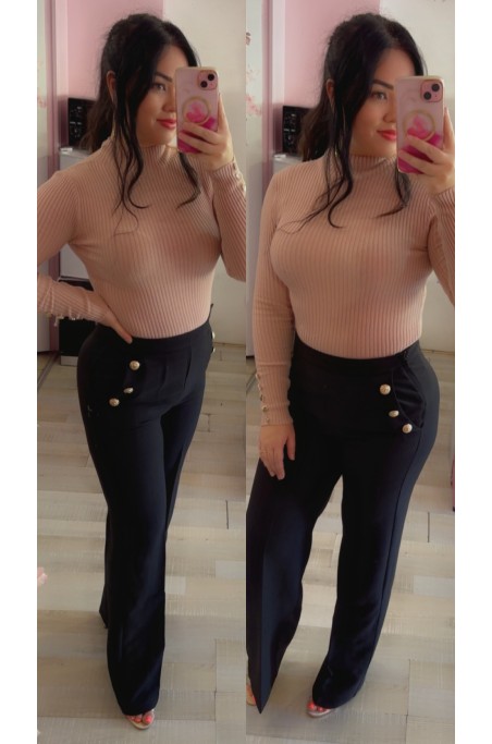Pantalon taille haute large avec boutons dorés