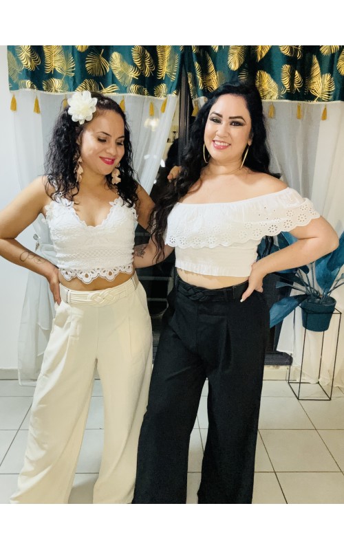 Pantalon large taille haute avec ceinture intégrée