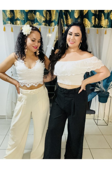 Pantalon large taille haute avec ceinture intégrée