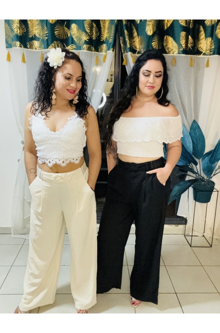 Pantalon large taille haute avec ceinture intégrée
