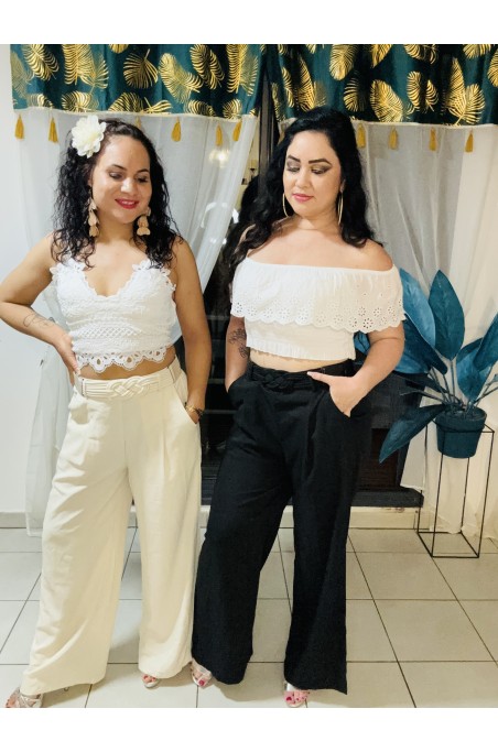 Pantalon large taille haute avec ceinture intégrée