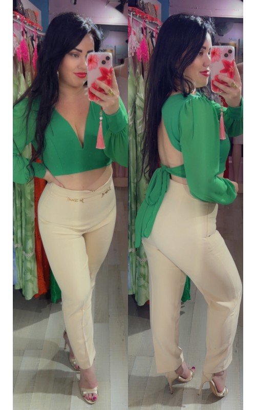 Pantalon taille haute cintré détails chaîne dorée