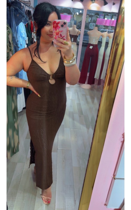 Robe longue côtelée détail boucle dorée