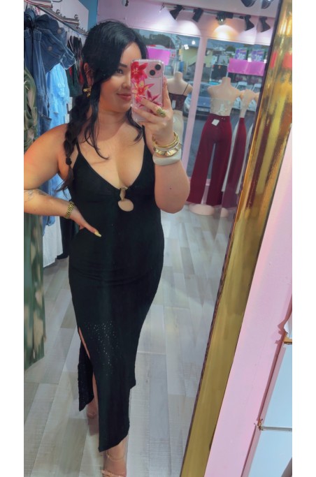 Robe longue côtelée détail boucle dorée