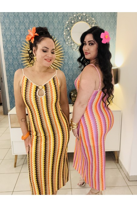 Robe à rayures ajourée avec détail coquillage doré