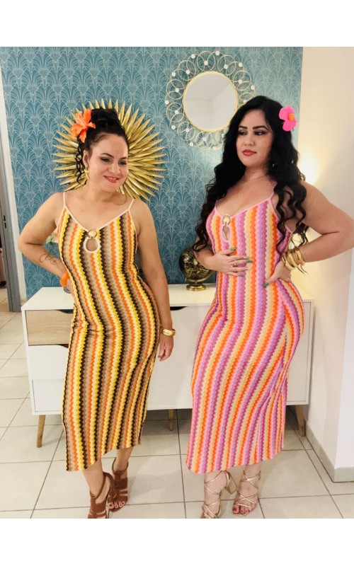 Robe à rayures ajourée avec détail coquillage doré