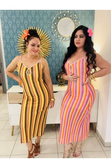 Robe à rayures ajourée avec détail coquillage doré