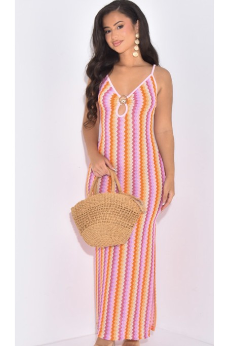 Robe à rayures ajourée avec détail coquillage doré