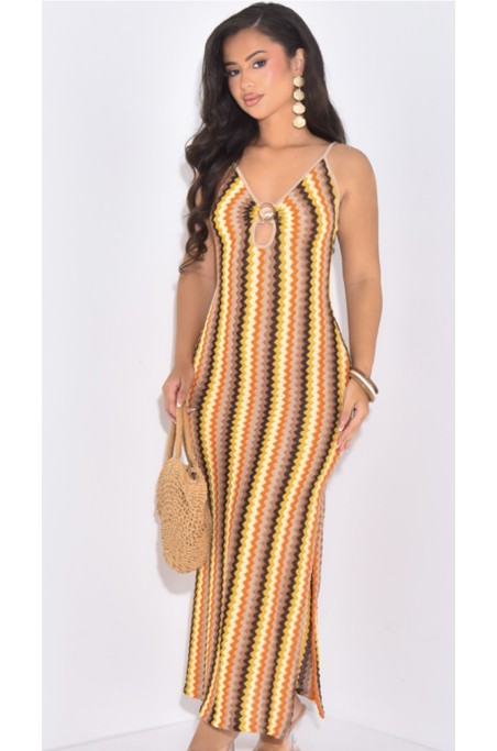 Robe à rayures ajourée avec détail coquillage doré