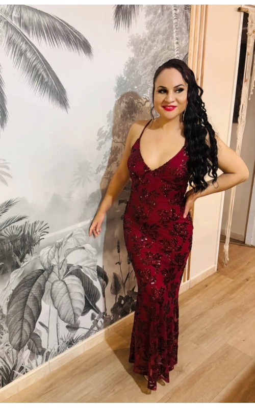 Robe longue détail broderie sequin dos nu lacets