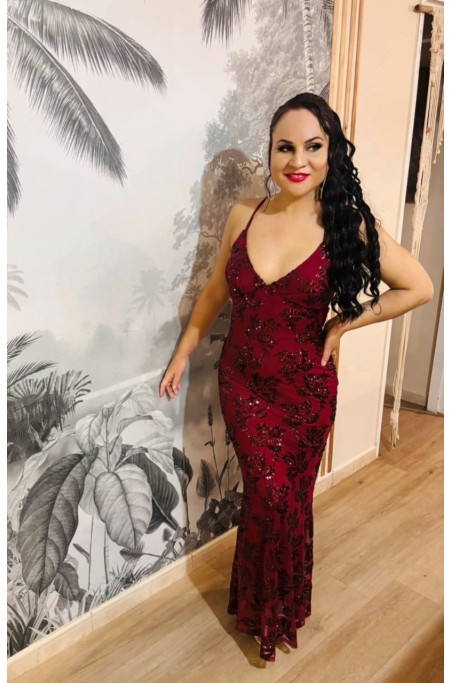 Robe longue détail broderie sequin dos nu lacets