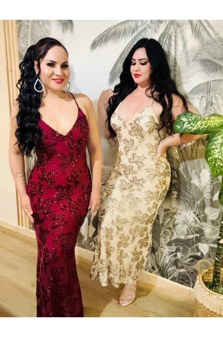 Robe longue détail broderie sequin dos nu lacets