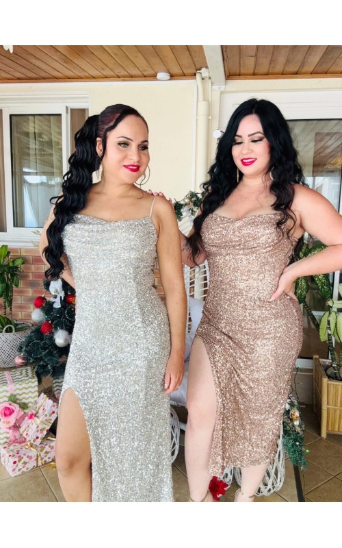 Robe sequin fendue mi-longue