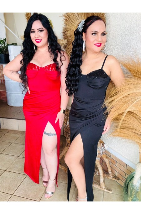 Robe longue fendue haut effet corset travaillé