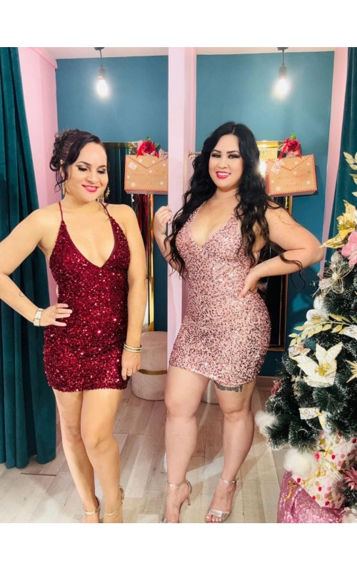 Robe sequin courte dos nu lacets