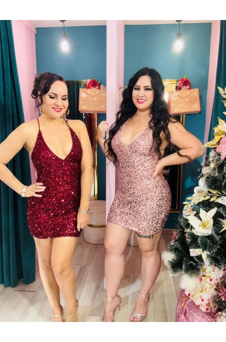 Robe sequin courte dos nu lacets