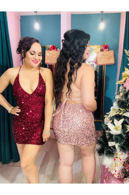 Robe sequin courte dos nu lacets