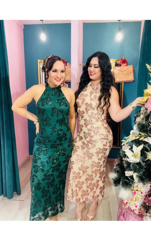 Robe longue motif sequin dos nu plongeant