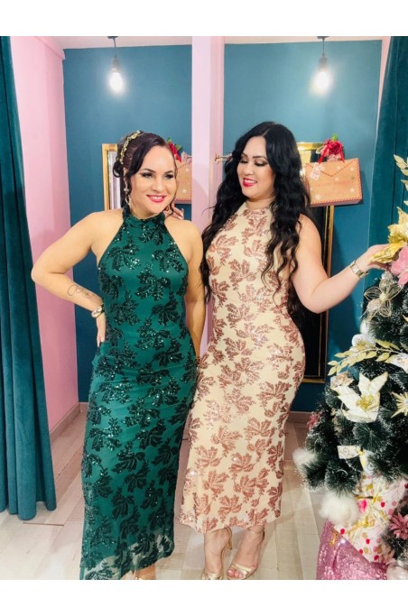 Robe longue motif sequin dos nu plongeant