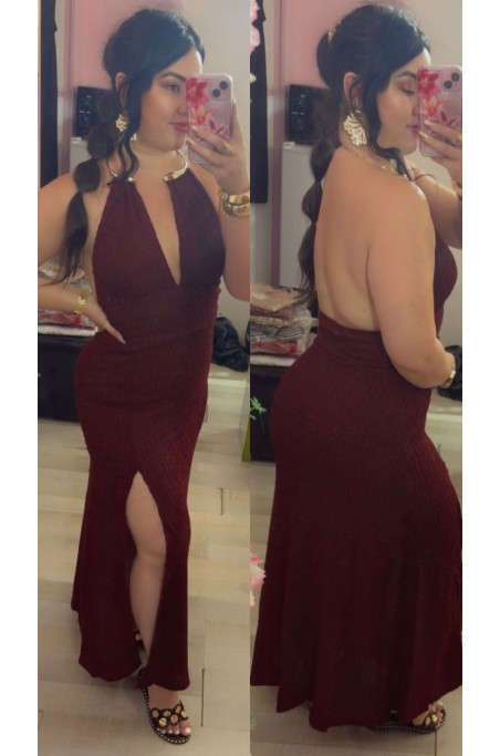 Robe longue dos nu plongeant fendue avec collier