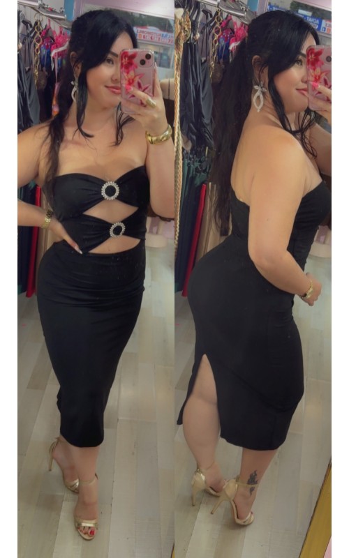 Robe mi-longue bustier ajourée avec bijoux strass