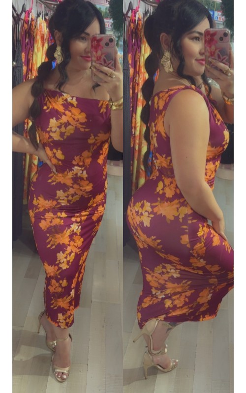 Robe imprimée florale moulante asymétrique