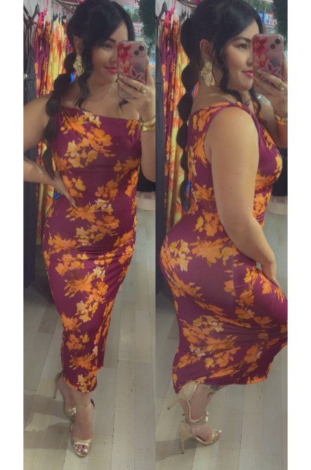 Robe imprimée florale moulante asymétrique