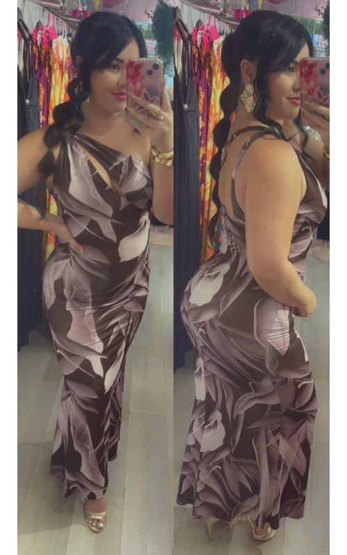 Robe sirène asymétrique imprimé tropical