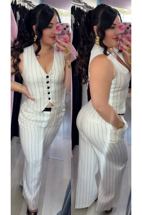 Ensemble tailleur matière lin à rayures