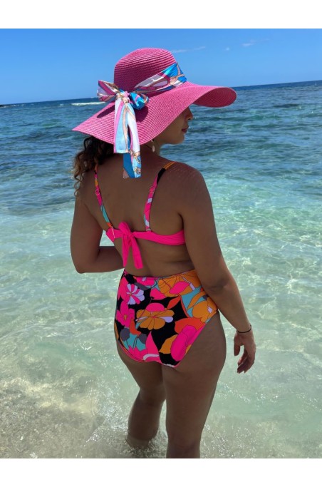 Bikini taille haute haut uni et bas imprimé floral