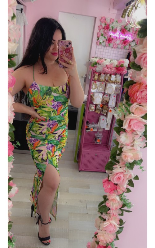 Robe motif tropical dos nu lacets