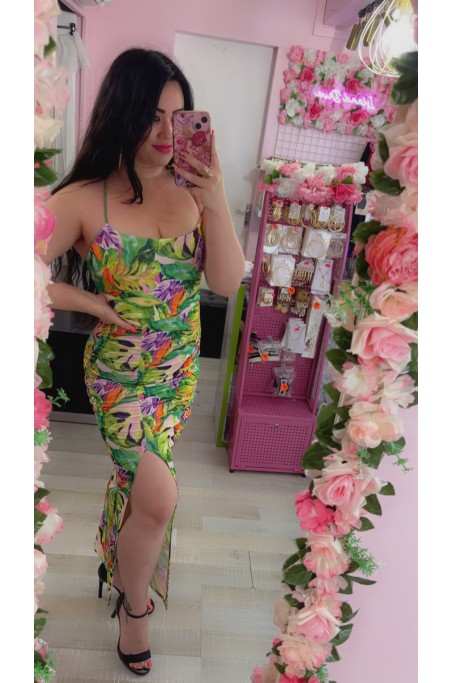 Robe motif tropical dos nu lacets