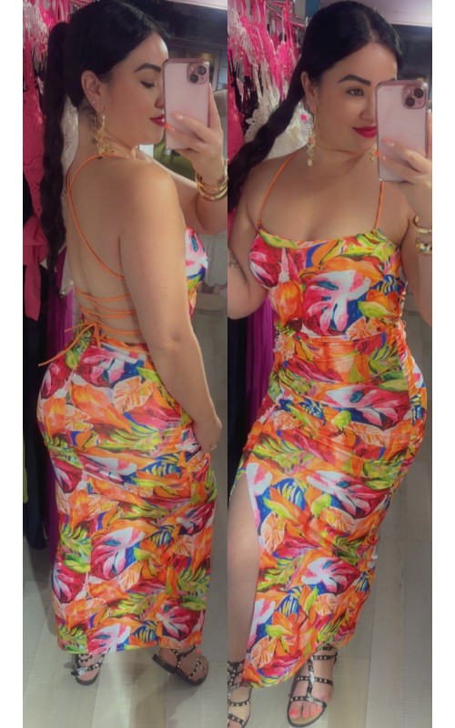 Robe motif tropical dos nu lacets